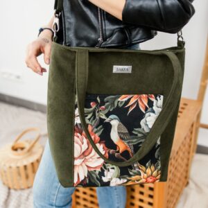Shopperka Laura Khaki - Ptaki i piwonie
